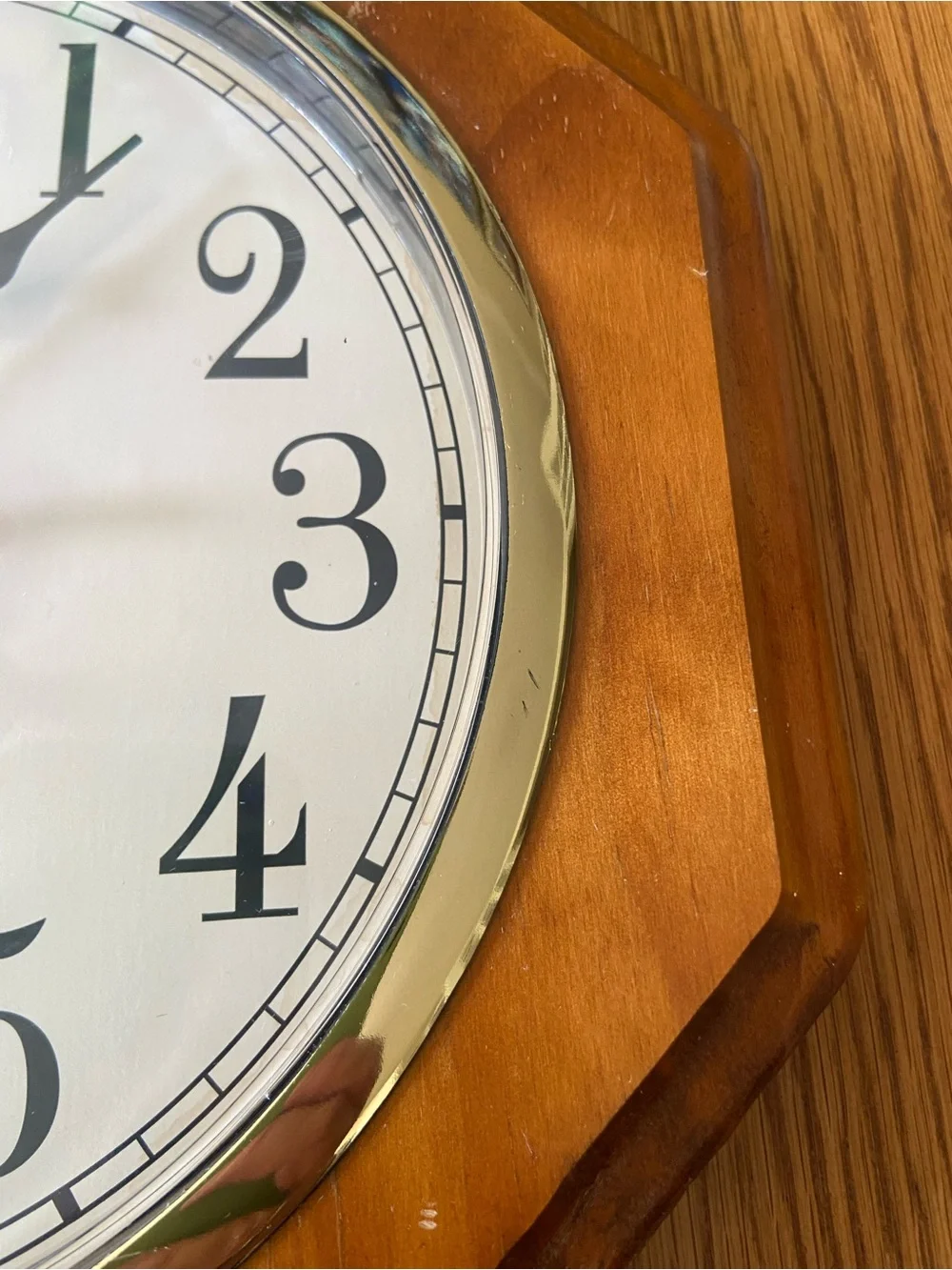 Vintage Ingraham Wood Octagonal Wall Clock with Brass Trim